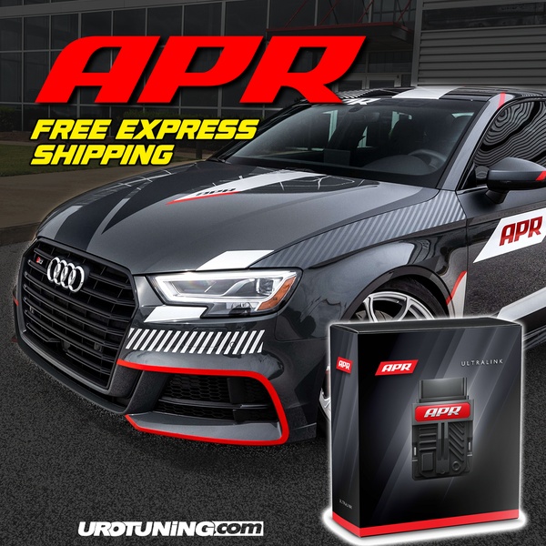 This advertisement features a modified Audi vehicle alongside the APR Ultralink engine control unit, emphasizing performance parts and shipping incentives.