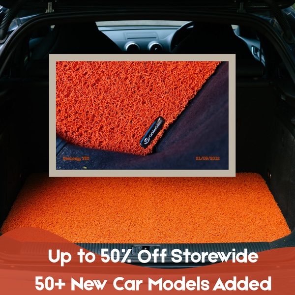 A split-screen creative featuring a textured orange car mat close-up against a full trunk layout, highlighting both product detail and application.
