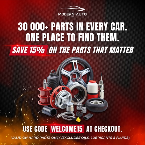 A high-contrast advertisement for automotive parts emphasizing a massive inventory selection combined with a direct percentage-off promotional code.