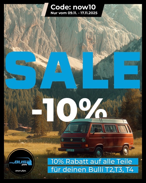 A high-contrast 4:5 social media ad for bulli spare parts featuring a clear, bold percentage-off discount overlaid on an scenic outdoor product shot.