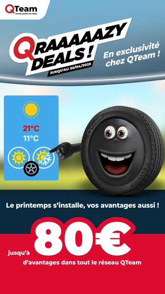 A 9:16 vertical mobile ad featuring a 3D tire character pointing to seasonal temperature changes with a clear promotional discount offer.