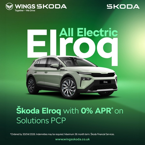 A clean, minimalist 1:1 image featuring the Škoda Elroq set against a vibrant green gradient background to emphasize the 0% APR offer.