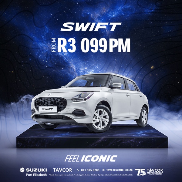 A clean, studio-lit shot of a white hatchback positioned on a dark platform against a deep blue, starry night sky backdrop, highlighting the monthly price.