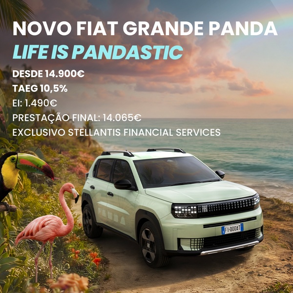 A creative ad featuring a light green car in a tropical seaside setting with exotic birds, emphasizing a lifestyle-driven product launch with clear financing terms.