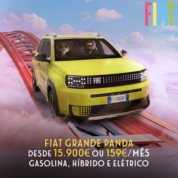 A vibrant yellow vehicle drives on a red roller coaster track above the clouds, featuring a panda character inside.
