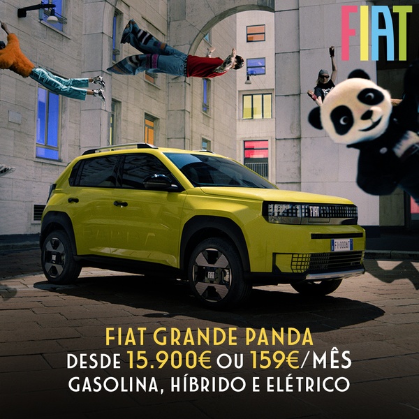 A vibrant yellow car is showcased against a surreal city backdrop with people floating in the air, emphasizing a playful and accessible brand image.