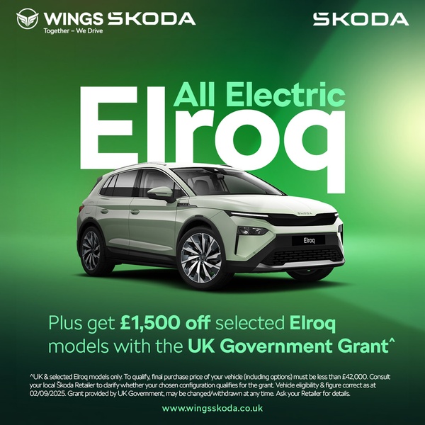A clean, green-themed graphic featuring a modern electric SUV with a prominent text overlay detailing a government grant incentive.