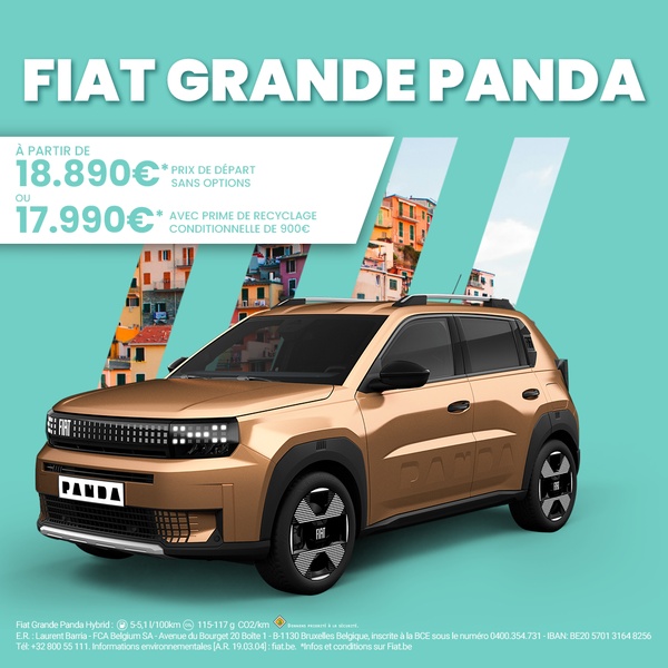This creative showcases the Fiat Grande Panda hybrid model, highlighting starting pricing and potential recycling incentives against a minimalist, branded background.