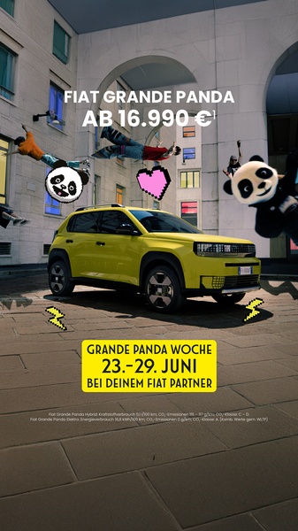 A vibrant 9:16 vertical creative featuring a yellow Fiat Grande Panda surrounded by floating figures and playful panda-themed emojis.