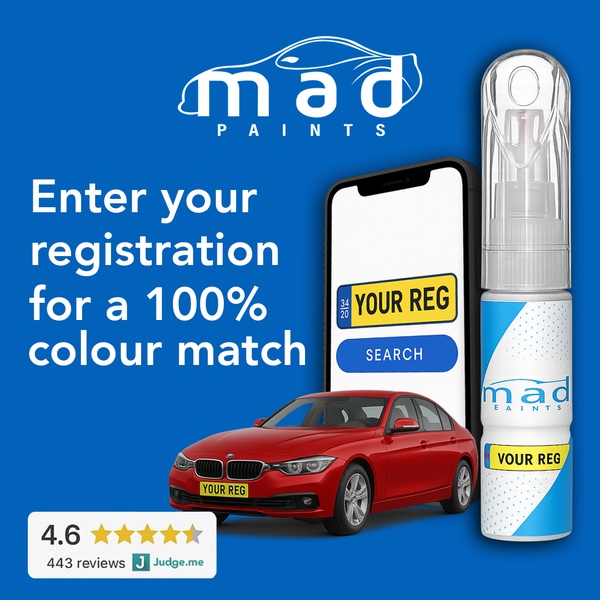 This ad visualizes a paint touch-up bottle alongside a mobile search interface, emphasizing a personalized registration-based color matching process.
