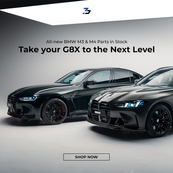 A clean, studio-lit hero shot featuring two black BMW G8X models, emphasizing stock availability and performance upgrades.