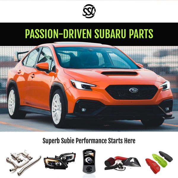 A high-impact 1:1 image featuring an orange Subaru performance vehicle centered with a clean, grid-aligned layout of essential aftermarket parts below.