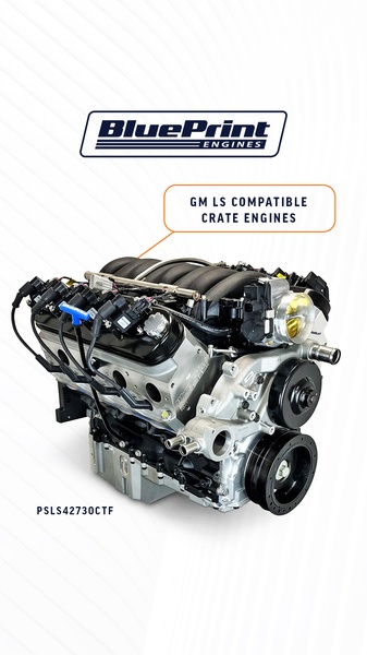 A high-clarity studio photograph of a GM LS compatible crate engine, presented against a clean white background to highlight mechanical build quality and components.