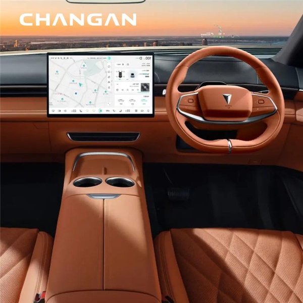 A high-quality 1:1 interior shot of a Changan vehicle, focusing on the steering wheel and the large infotainment display.
