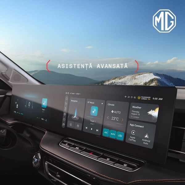 A high-fidelity interior shot of a vehicle dashboard focusing on the digital touchscreen interface displaying climate, navigation, and music controls.