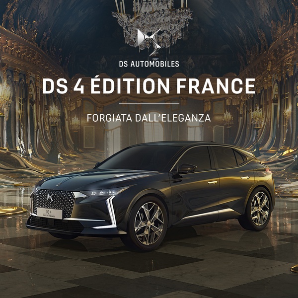 A high-end studio shot of the DS 4 Edition France positioned in a grand, ornate palace interior to emphasize its luxury status.
