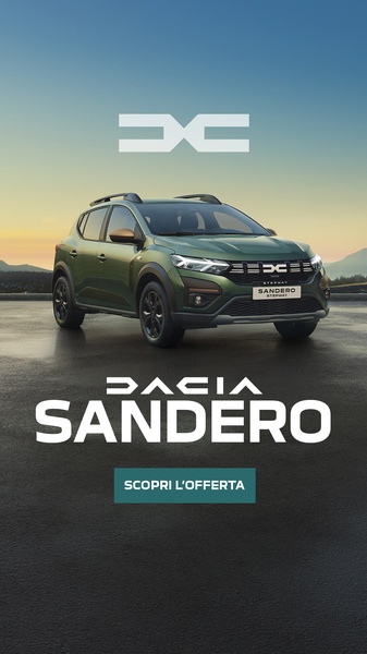 This static creative showcases the Dacia Sandero against a minimalist, golden-hour outdoor backdrop, emphasizing a sleek, aspirational brand identity.