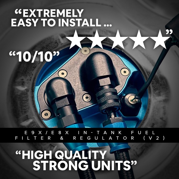 A close-up product shot of a fuel filter and regulator featuring a prominent five-star rating and customer testimonial text.