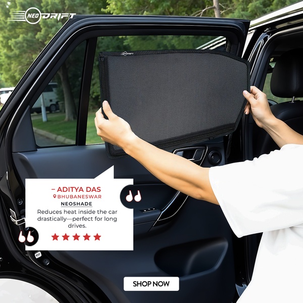 A close-up photograph showing a car window sunshade being installed by a user, overlaid with a five-star customer review.