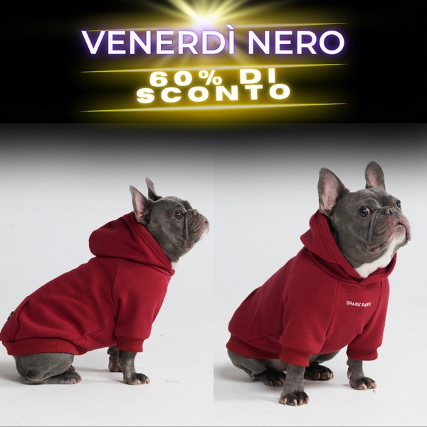 A clean, high-contrast promotional creative featuring a dog hoodie on a French Bulldog, highlighting a 60 percent off sale.