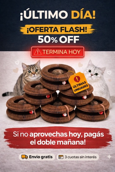 This 2:3 creative uses a clear flash sale announcement combined with high-contrast, urgent call-to-action buttons to sell a cat scratcher toy.