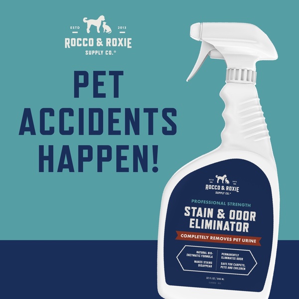 A high-contrast, text-led ad for a pet cleaning solution that uses a bold headline to immediately surface a specific pain point.