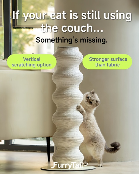 This ad creative uses a problem-solution hook to contrast a cat's destructive behavior on furniture against a superior vertical scratching post alternative.