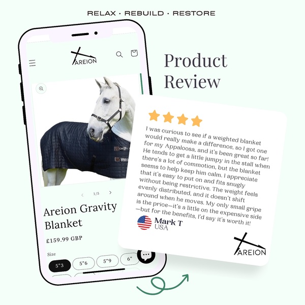 A mobile interface mock-up displaying a product page alongside a glowing five-star customer review for a horse weighted blanket.