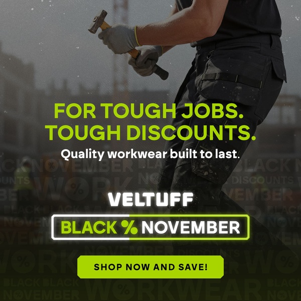 A high-contrast 1:1 image featuring professional workwear during a seasonal sales event.