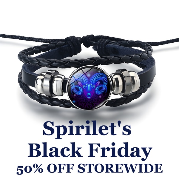 A clean, square-format promotional graphic featuring a braided zodiac bracelet with a bold 50% off storewide Black Friday discount.