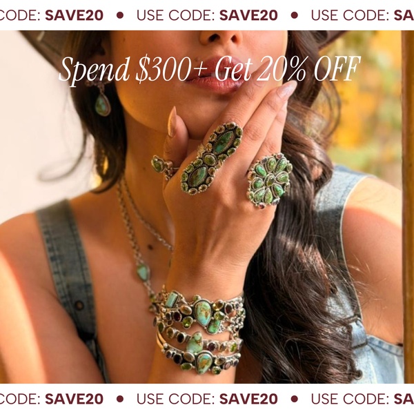 A close-up, high-end photography shot of a person wearing multiple turquoise rings and bracelets, featuring a clear spend-to-save discount offer.
