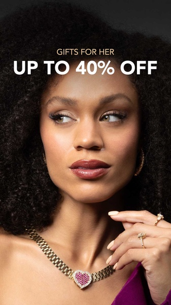 A close-up portrait of a woman wearing a heart necklace, highlighting an up to 40% off sale promotion.