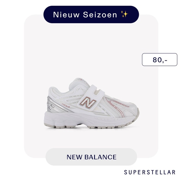 A clean, square-format product ad for a kids running shoe featuring a clear price tag and seasonal announcement.