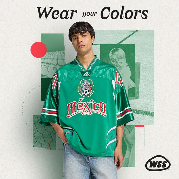 A high-impact soccer jersey promotional creative featuring a model in an official team kit, using a clean background with layered sports iconography.