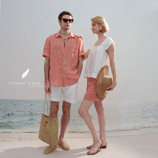 linen shirts, linen shorts, linen tops, summer apparel, beachwear, casual linen clothing, brand awareness, lifestyle, outdoor, calm, fresh, neutral, pink
