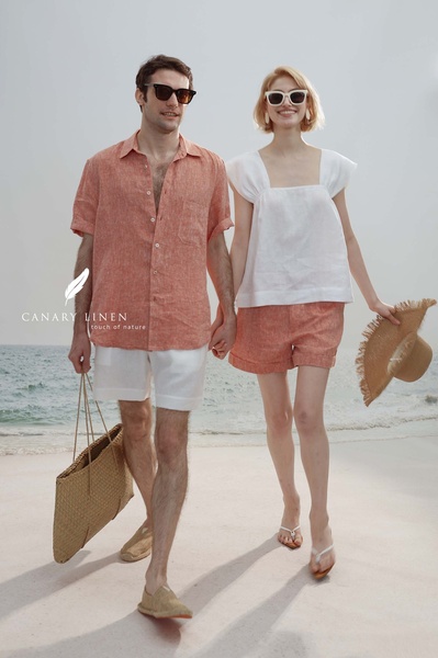 linen shirts, linen shorts, summer tops, matching linen set, linen apparel, brand awareness, lifestyle, outdoor, calm, fresh, neutral, orange