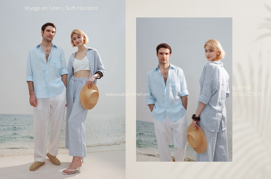 linen shirts, linen pants, summer clothing, casual linen set, button down shirt, striped linen pants, new arrival, brand awareness, lifestyle, editorial, calm, fresh, neutral, blue, summer sale