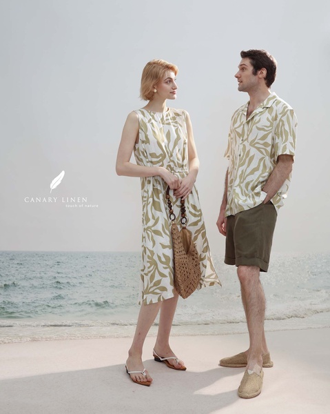 linen dress, linen shirt, summer clothing, matching sets, casual linen wear, beach apparel, brand awareness, new arrival, lifestyle, outdoor, calm, fresh, neutral, green, summer sale