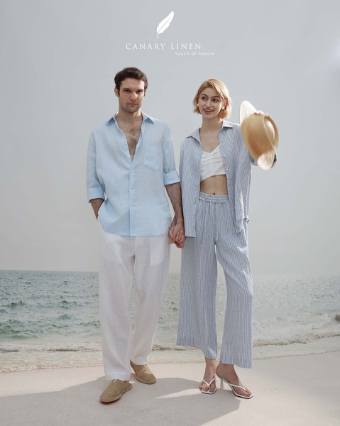 linen shirt, linen pants, linen blouse, casual shirt, linen trousers, summer clothing, brand awareness, lifestyle, outdoor, calm, fresh, neutral, blue