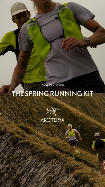 A vertical 9:16 video ad frame featuring runners in a mountainous landscape, focusing on the gear in an authentic, high-action outdoor setting.