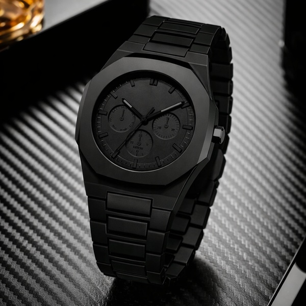 wrist watch, analog watch, black metal watch, chronograph watch, mens watch, brand awareness, minimalist, editorial, luxurious, bold, black, neutral