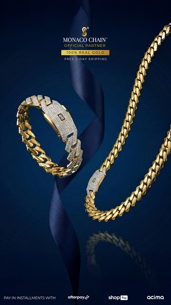 A high-end, studio-lit hero shot of a gold chain and bracelet floating against a deep blue background with an elegant ribbon motif.