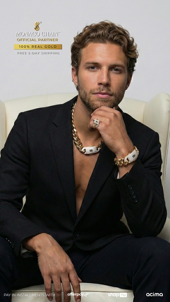 A high-end portrait of a man wearing a luxury gold chain and matching accessories, conveying status and premium style.