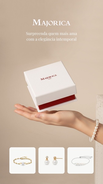 A high-end 9:16 vertical creative featuring a jewelry gift box floating above a hand with smaller jewelry items displayed in a grid below.