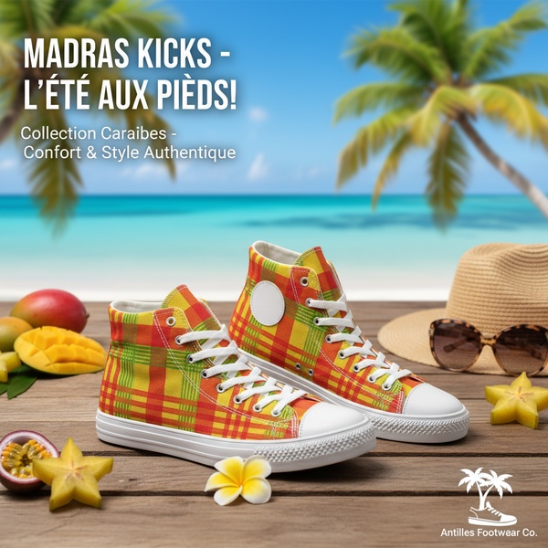A bright, product-focused image featuring patterned high-top sneakers on a tropical beach background with seasonal props.