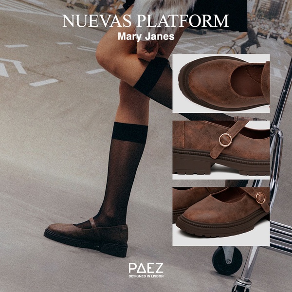 This ad creative utilizes a high-contrast hero image of a model wearing Mary Janes paired with three segmented close-up shots of the shoe details.