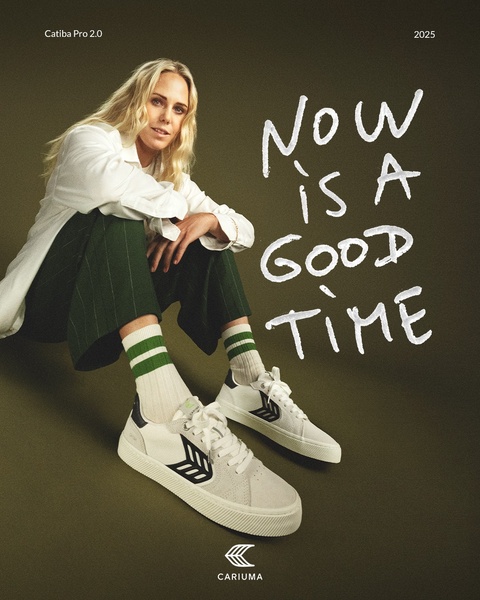 A high-quality lifestyle shot featuring a model wearing white sneakers, paired with a hand-lettered aspirational headline.