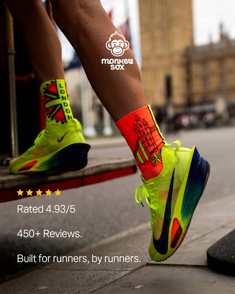A close-up shot of a runner wearing bright, location-themed socks with social proof star ratings and a brand ethos statement.