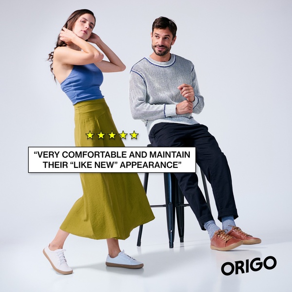 A clean 1:1 ratio ad featuring a male and female model wearing casual sneakers with a direct, customer-driven testimonial overlay.