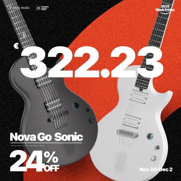 A high-contrast 1:1 square advertisement featuring two electric guitars with prominent pricing and discount call-outs.
